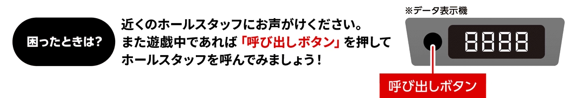 困ったときは？近くのホールスタッフにお声がけください。また遊技中であれば「呼び出しボタン」を押してホールスタッフを呼んでみましょう！